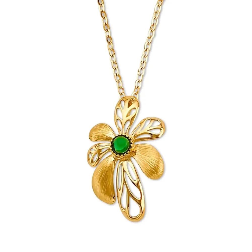 14K Solid Yellow Gold Green Stone Flower Necklace Floral Pendant Tehrani